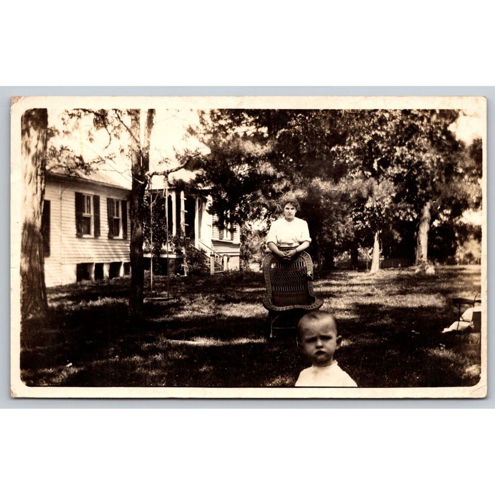 Vintage RPPC 1904-1918 Mother & Child in Yard w/ Wicker Chair White House